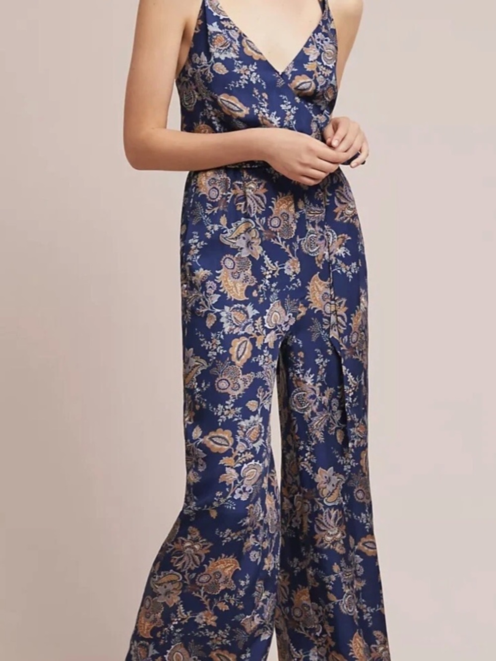 Anthropologie Floral Print V-Neck Wide-Leg Jumpsuit - Blue
